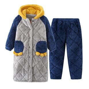 儿童睡衣秋冬季加厚款三层夹棉男童孩珊瑚绒法兰绒恐龙连帽家居服