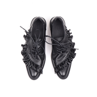 asthershop原创暗黑荷叶边小皮鞋 深口粗跟小单鞋