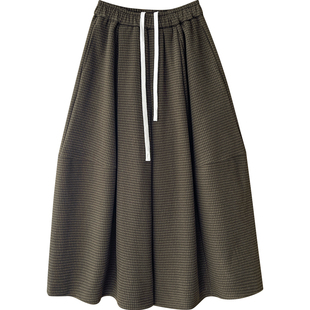 日韩系复古灯笼气球小格纹阔腿裤女秋冬慵懒休闲毛呢料花苞裙裤子