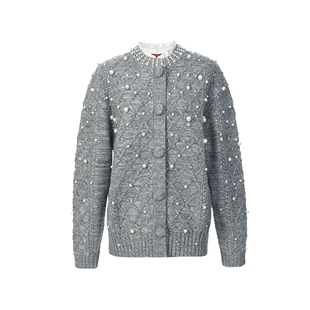 【明星同款】lefame拉飞姆秋季灰色菱格纹钉珠肌理感针织外套