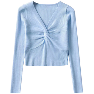 爆辣性感V领长袖针织打底衫短上衣超显身材打底可单穿可显瘦欧美