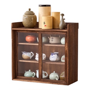 实木桌面展示收纳柜茶具护肤品博古架茶柜茶杯三层防尘移门置物架