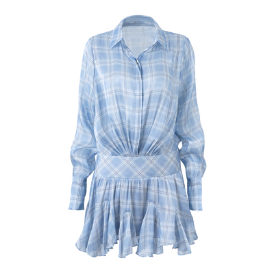PynkiSwear 蓝色格纹翻领宽松木耳边短款连衣裙小众衬衫百褶裙女