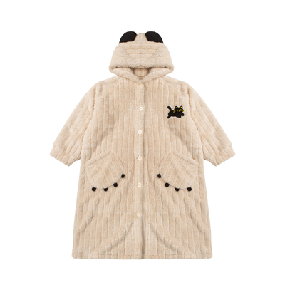 法兰绒简约棉秋冬季纽扣保暖睡袍