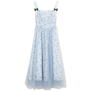 KEIKO 温柔蓝色小碎花吊带裙夏季薄纱拼接打揽显瘦A字连衣裙子