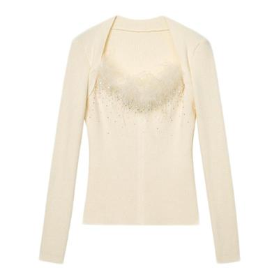 AZZHEN阿祯【风茉白】轻奢重工领口烫钻鸵鸟毛修身打底针织衫女