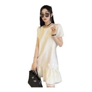 RR fashion 短袖连衣裙女2026秋季新款法式小香风褶皱圆领裙子