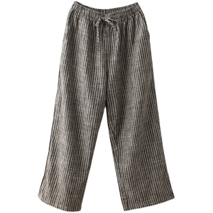 园园美衣复古色织亚麻条纹直筒裤女系带松紧腰宽松休闲裤显瘦麻裤