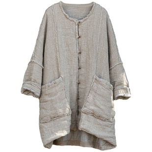 宽松轻中式对襟浅灰色亚麻棉服 知笔墨2024冬季大廓型粗麻外套女