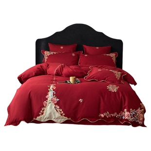 LANSWAY金枝玉叶绣花双喜婚庆四件套全棉红色结婚被套床单床笠1.8