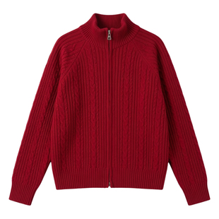 波尔多红色麻花双拉链针织开衫女冬季新款慵懒风宽松毛衣外套上衣