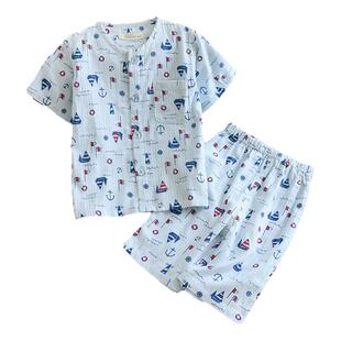 米筱米儿童夏季纯棉纱布短袖短裤睡衣套男童全棉空调服家居服套