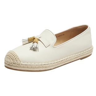 真美诗2026春季新款牛皮流苏一脚蹬平底单鞋草编渔夫鞋女96843AA6