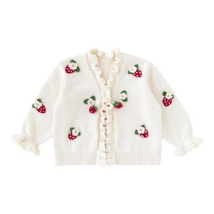 YOUGE幼歌 婴幼儿森系手工草莓毛衣松软舒适开衫宽松波浪花边外套