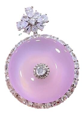 冰种粉玉髓平安扣吊坠豪华镶嵌粉玛瑙玉扣子项链翡翠紫色毛衣链坠