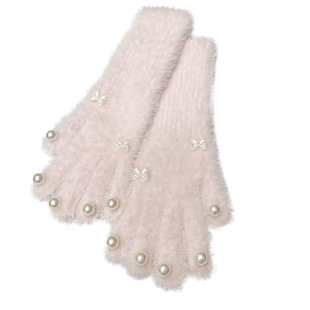 小童木 毛绒绒珍珠手套女童冬季新款五指可触屏加绒加厚保暖手套