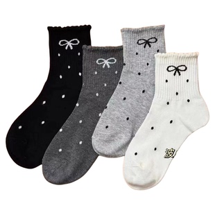 圆点花边蝴蝶结中筒女袜甜美少女风吸汗透气柔软耐穿休闲百搭