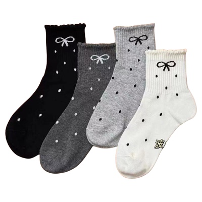 圆点花边蝴蝶结中筒女袜甜美少女风吸汗透气柔软耐穿休闲百搭