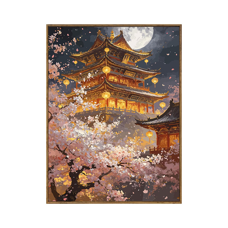 古风夜景樱花数字油画DIY治愈系