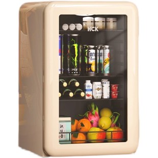 HCK哈士奇冰吧复古小型客厅冷藏柜透明茶叶冰箱玻璃门一级能效