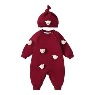 网红婴儿连体衣男女宝宝衣服可爱小熊满月百天长袖春秋季薄款哈衣