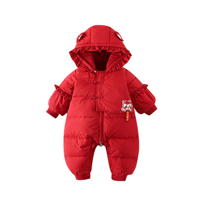 婴儿羽绒服冬季连体衣拜年服女宝宝冬装外出喜庆红色哈衣90白鸭绒