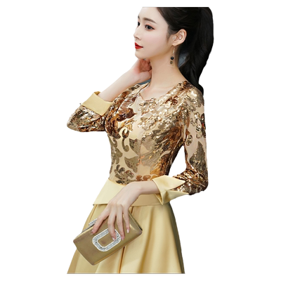 金色新款气质宴会秋季长袖晚礼服