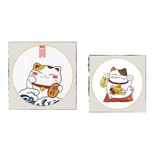 招财猫餐厅装饰画现代简约餐桌沙发背景墙壁画入户玄关正方形挂画