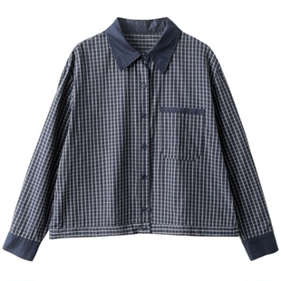 孔雀飞飞2026春秋新款韩版大码遮肉减龄复古休闲气质蓝色格子衬衫