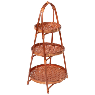 竹制品手工编织果盘多层茶点盘展示架竹编提篮酒店糕点篮零食果盘