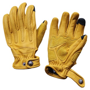 摩托车复古机车手套防摔骑士骑行触屏男女真皮透气黄色踏板通勤