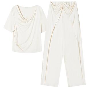 从轻牛奶丝睡衣短袖可外穿T恤家居服套装女夏透气亲肤凉感7A抗菌