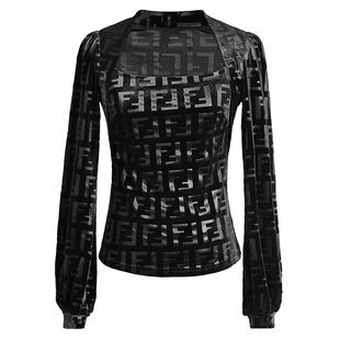 2025秋装方领印花丝绒灯笼袖修身性感女神范百搭打底衫T恤上衣女