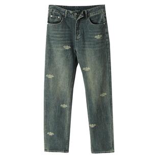 美式复古牛仔裤男士春季2026新款高端潮牌印花宽松高街直筒长裤子