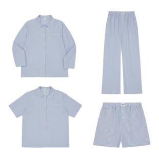 FORRETRO春夏蓝棕条纹全棉宽松慵懒睡衣套装男女同款家居服可外穿