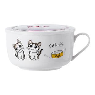 卡通陶瓷泡面碗带盖大号学生餐具套装家用保鲜饭盒可爱宿舍碗单个