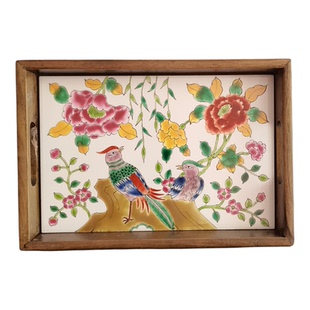 白地花鸟小号托盘高两河陶瓷茶盘果盘新中式复古乔迁送礼商用马年