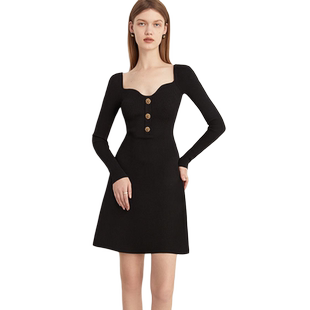 DPLAY2025秋季轻奢名媛黑色连衣裙女重工针织小黑裙短款裙子长袖