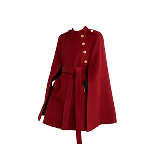 DPLAY2025年冬季气质复古红色斗篷大衣羊毛呢子大衣结婚外套女