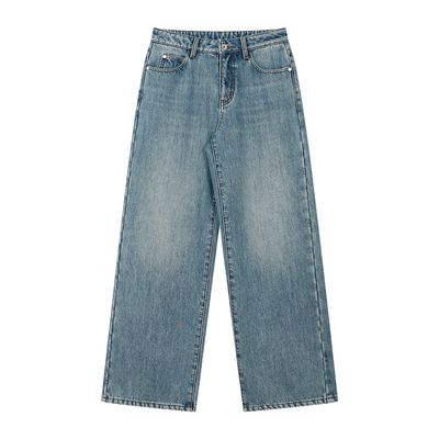 FUNKYFUN 复古蓝色洗水马骝直筒宽松中腰秋冬加绒牛仔裤长裤