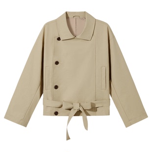 PSO Brand男装女装复古束腰翻领短款风衣外套女双排扣宽松夹克
