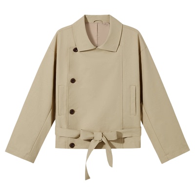 PSO Brand男装女装复古束腰翻领短款风衣外套女双排扣宽松夹克