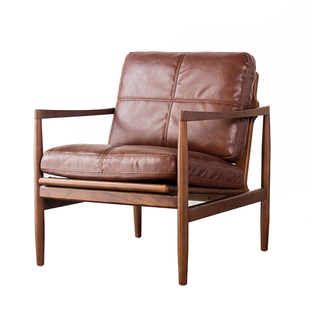 汉克阅读椅北欧实木真皮汉克椅意式极简沙发客厅椅子单人沙发