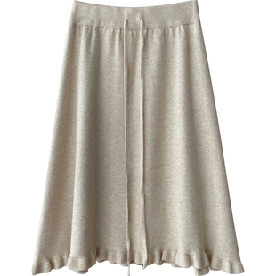 日韩系复古松紧腰木耳边毛线针织短中裙女秋冬简约百搭a字半身裙