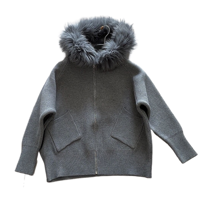 2023女装新款韩版修身秋冬狐狸毛领橘色带帽针织开衫短款毛衣连帽