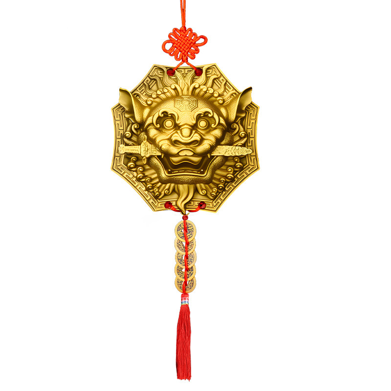 瑞兽狮咬剑黄铜狮子头八卦镜虎头牌兽头挂件睚眦门神摆件狮子咬剑
