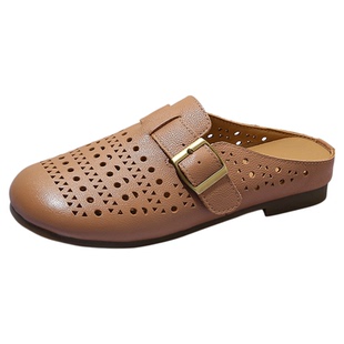 【里外全皮】镂空包头半拖鞋女夏2026新复古透气软底勃肯洞洞凉拖