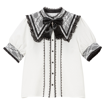 梦展望十字架丝带水手蕾丝衬衫