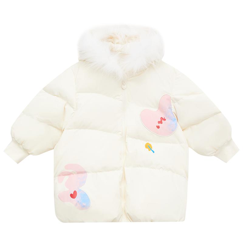 moomoo童装女童原创拼色羽绒服秋冬新款甜美公主时尚毛领百搭外套