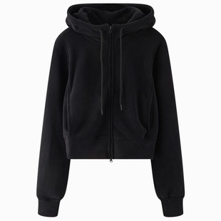 十一石 冬日摩洛哥 黑色双拉链保暖摇粒绒立领连帽卫衣女短外套ll